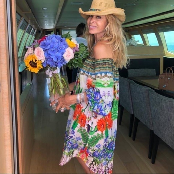 Shahida Parides Silk Off Shoulder Desert Bloom Green Mini Dress Size S/M NEW - Picture 1 of 15